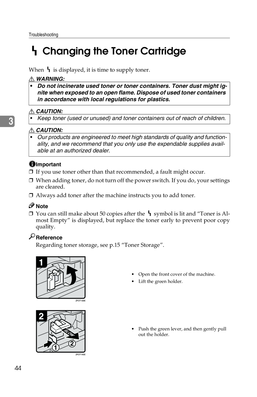 Savin 1302f, 2513f manual HChanging the Toner Cartridge, Regarding toner storage, see p.15 Toner Storage 