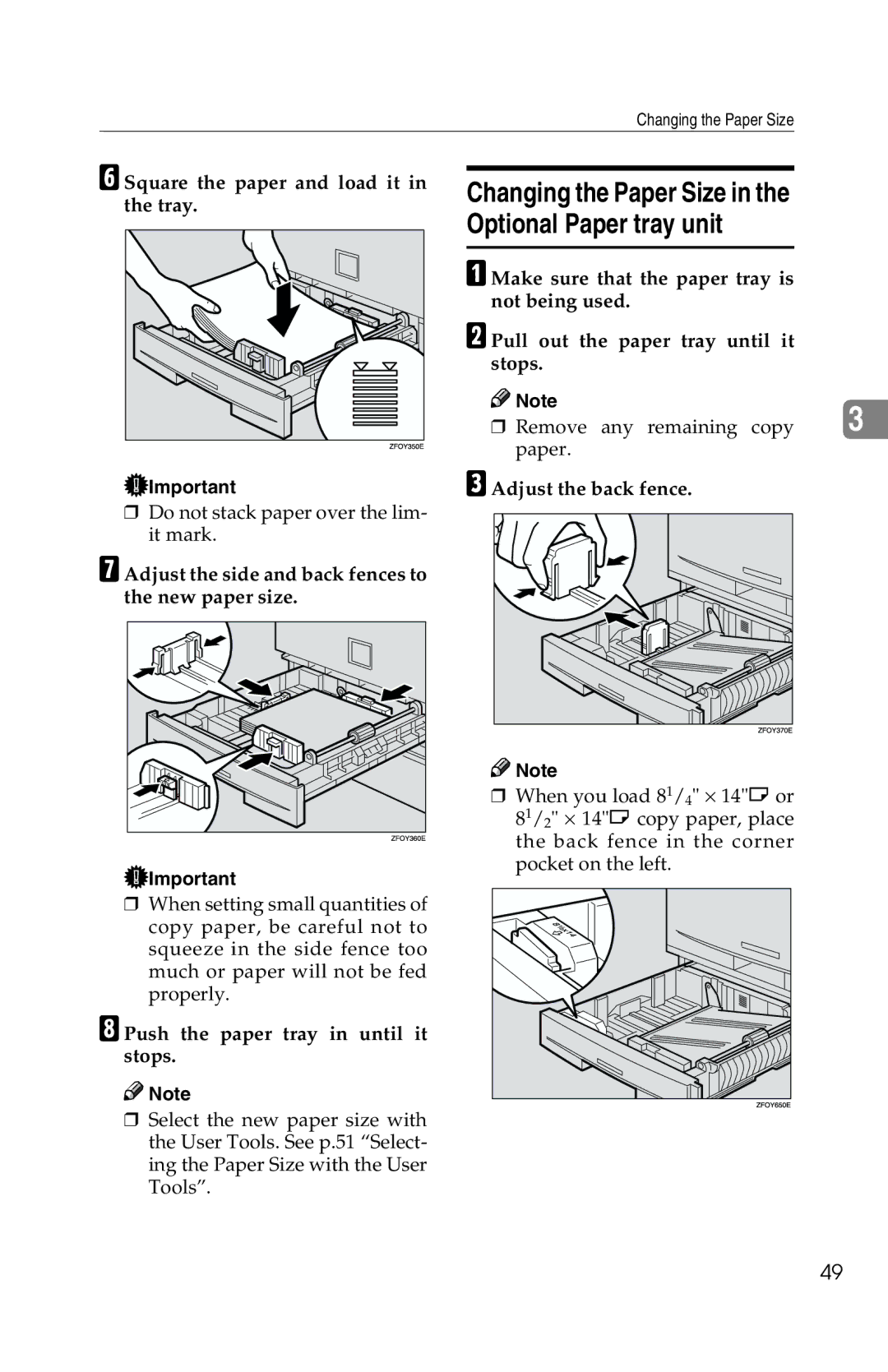 Savin 1302f, 2513f Square the paper and load it in the tray, Adjust the side and back fences to the new paper size 