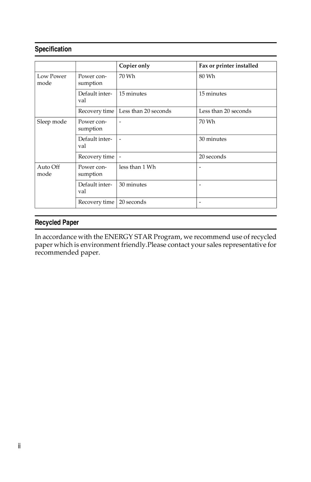 Savin 2518, 2515 manual Specification, Recycled Paper 