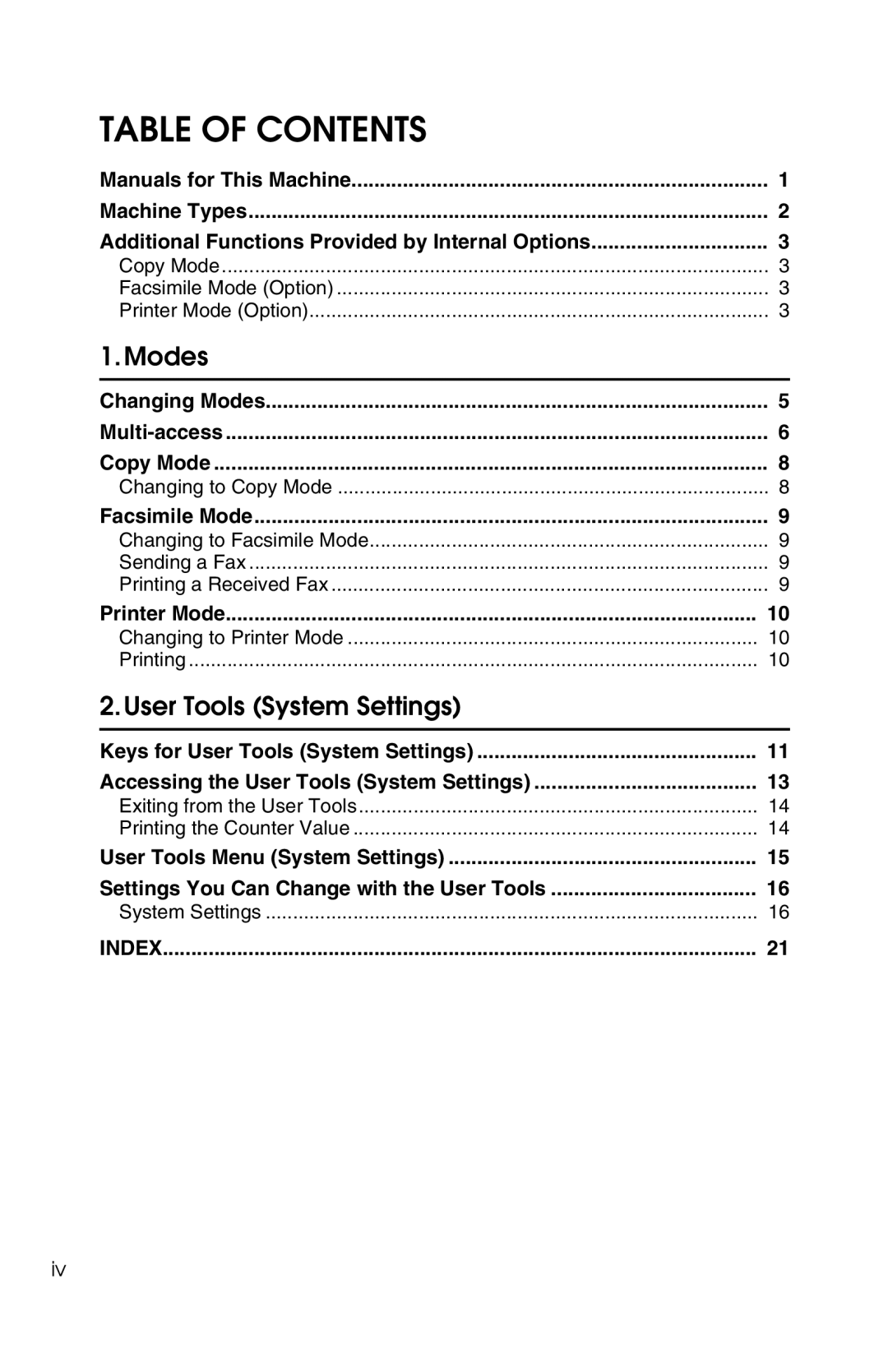 Savin 2518, 2515 manual Table of Contents 