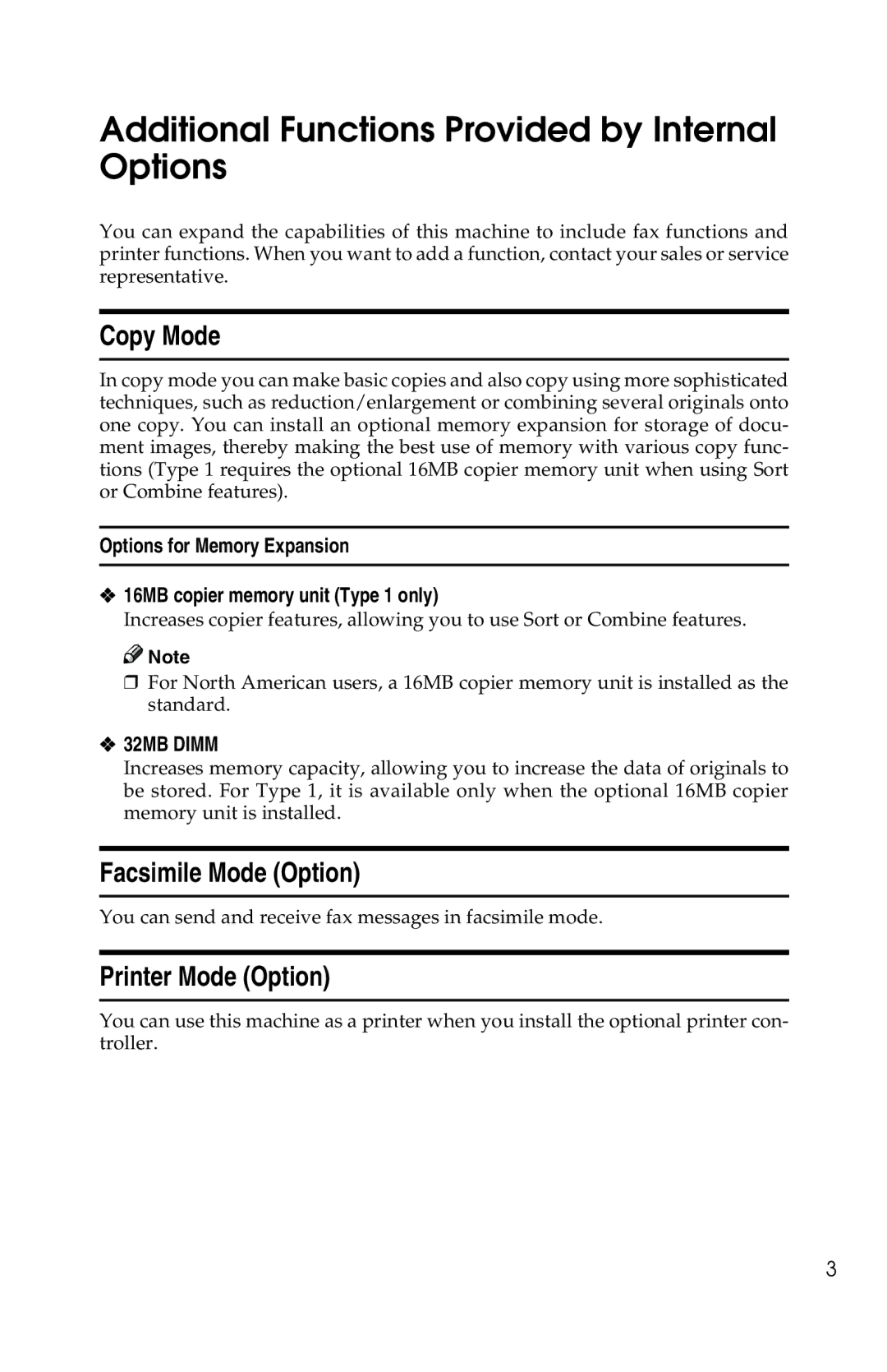 Savin 2515, 2518 Additional Functions Provided by Internal Options, Copy Mode, Facsimile Mode Option, Printer Mode Option 