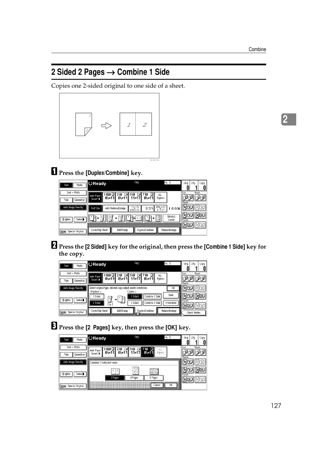 Savin 2555 manual Sided 2 Pages → Combine 1 Side, 127 