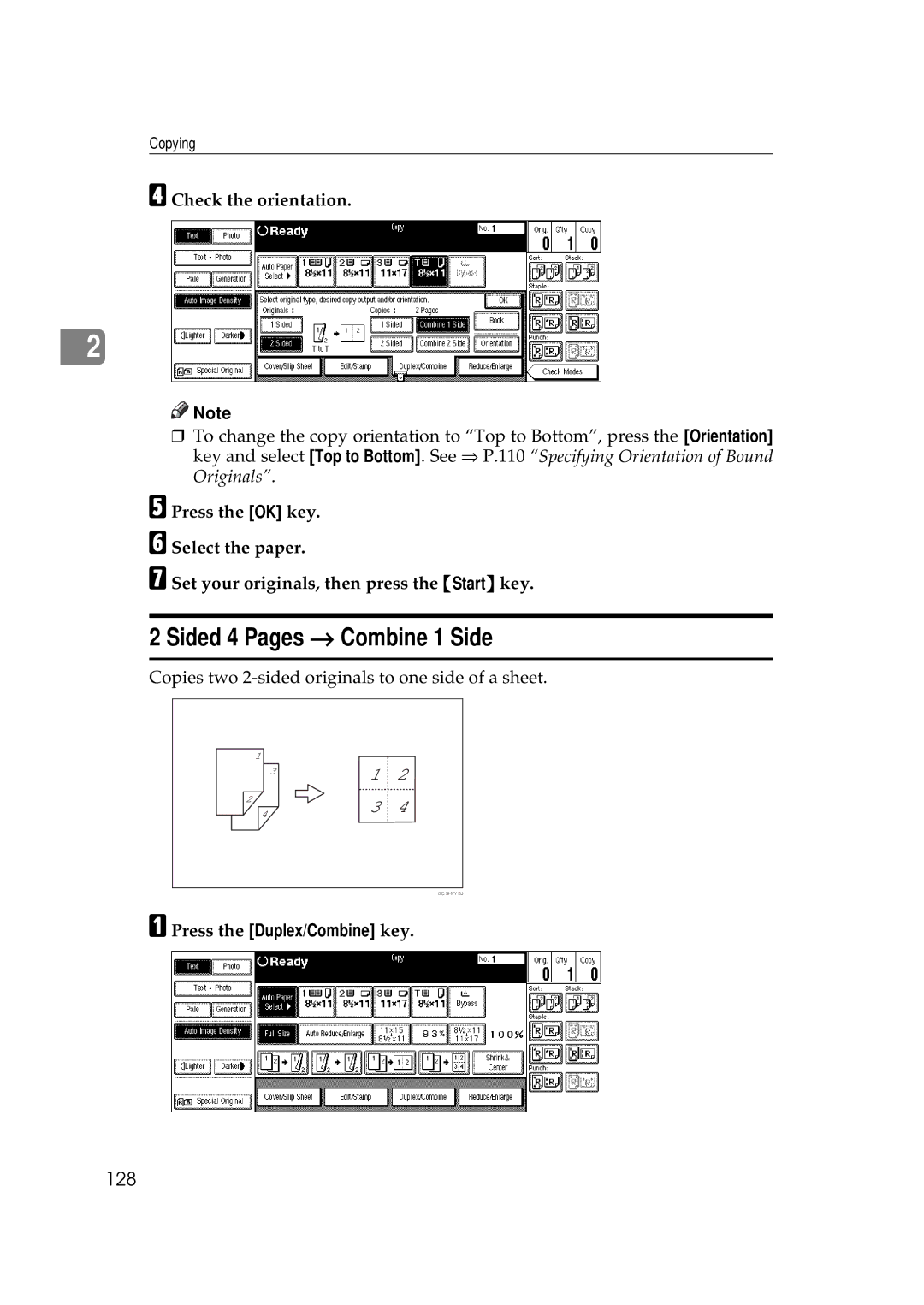 Savin 2555 manual Sided 4 Pages → Combine 1 Side, 128 