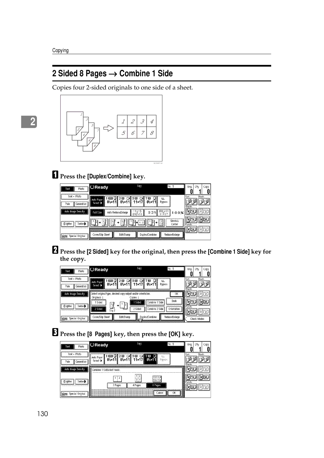 Savin 2555 manual Sided 8 Pages → Combine 1 Side, 130 