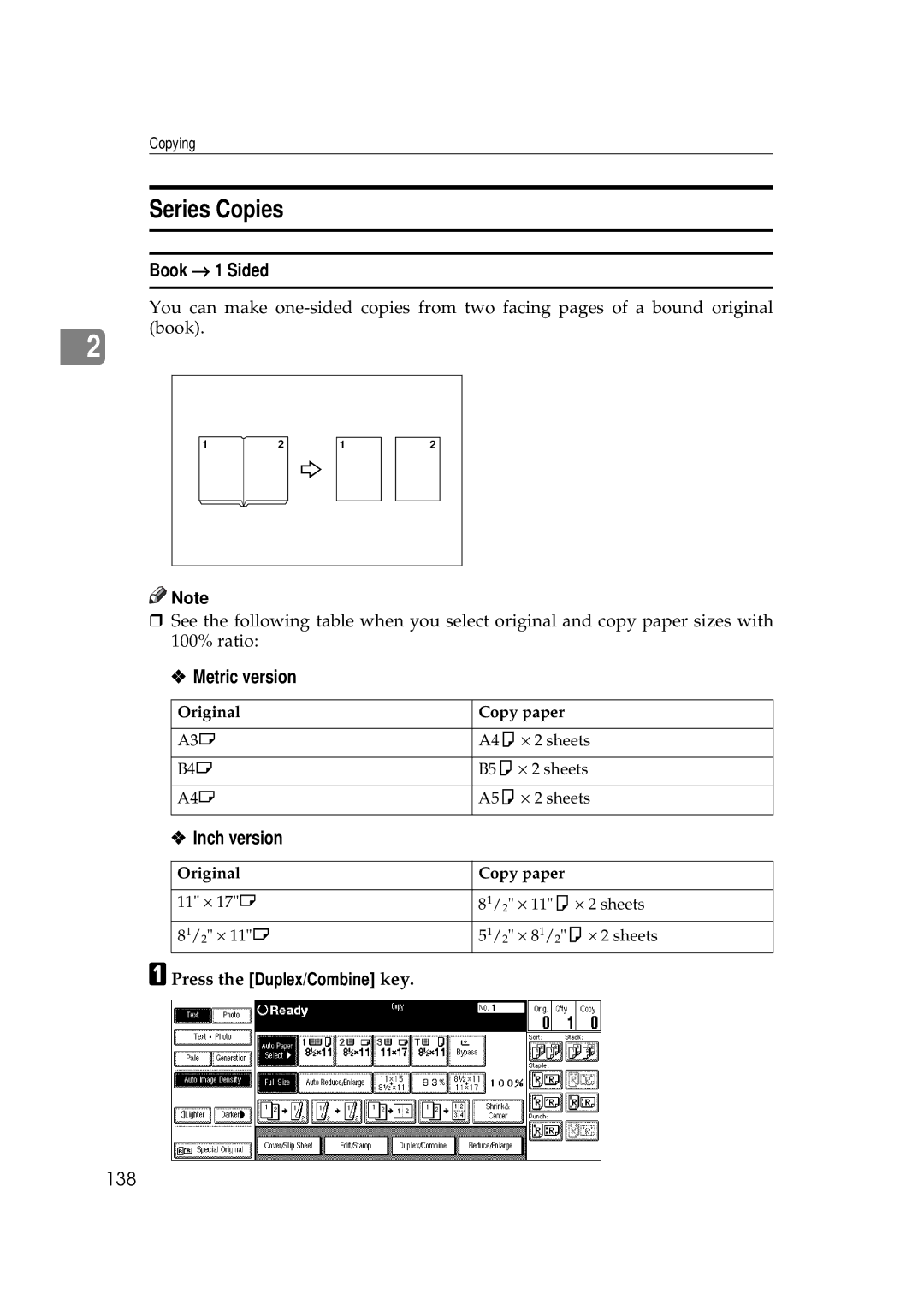 Savin 2555 manual Series Copies, Metric version, Inch version, 138 