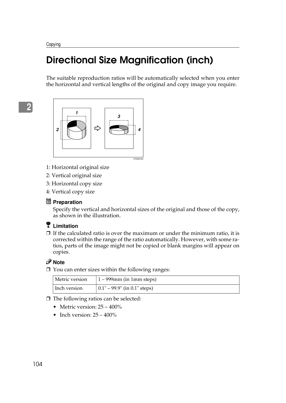 Savin 2555 manual Directional Size Magnification inch, 104 