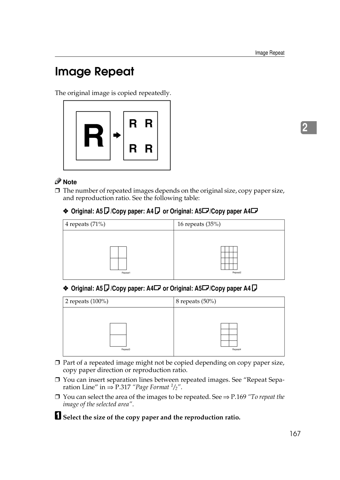 Savin 2555 manual Image Repeat, Original A5K/Copy paper A4K or Original A5L/Copy paper A4L, 167 