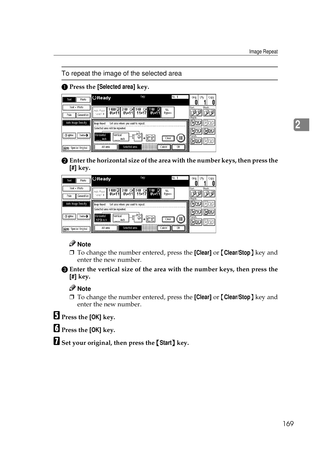 Savin 2555 manual To repeat the image of the selected area, 169 