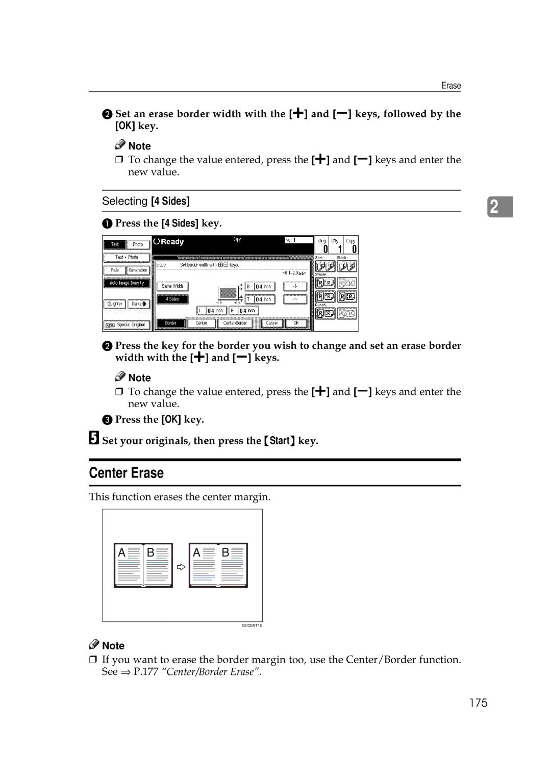 Savin 2555 manual Center Erase, Selecting 4 Sides, 175 