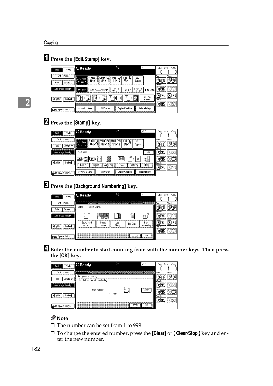 Savin 2555 manual 182, Press the Background Numbering key 