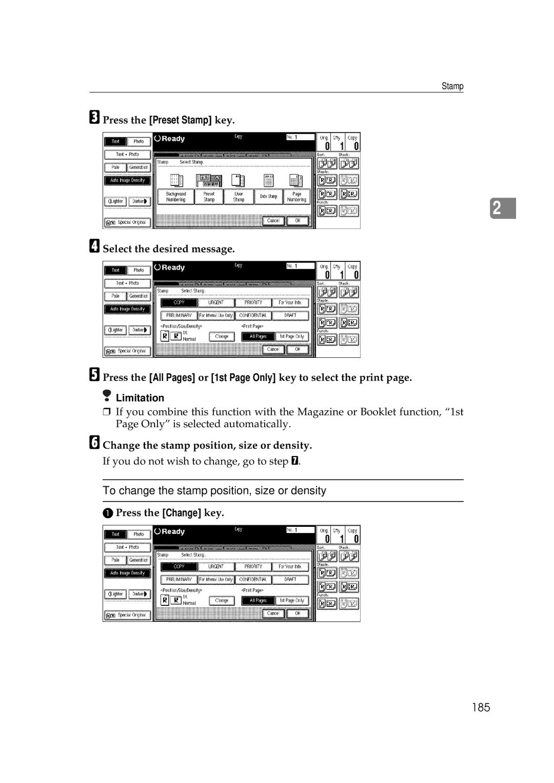 Savin 2555 manual To change the stamp position, size or density, 185 