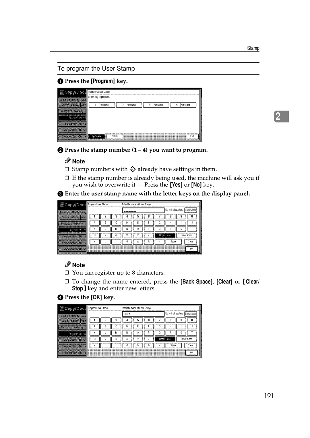 Savin 2555 manual To program the User Stamp, 191 