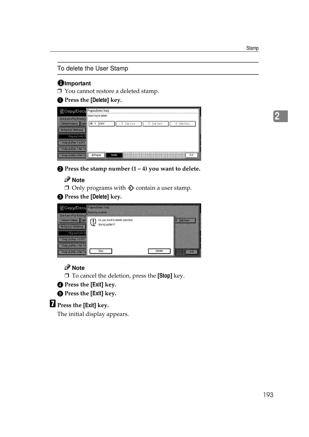 Savin 2555 manual To delete the User Stamp, 193 