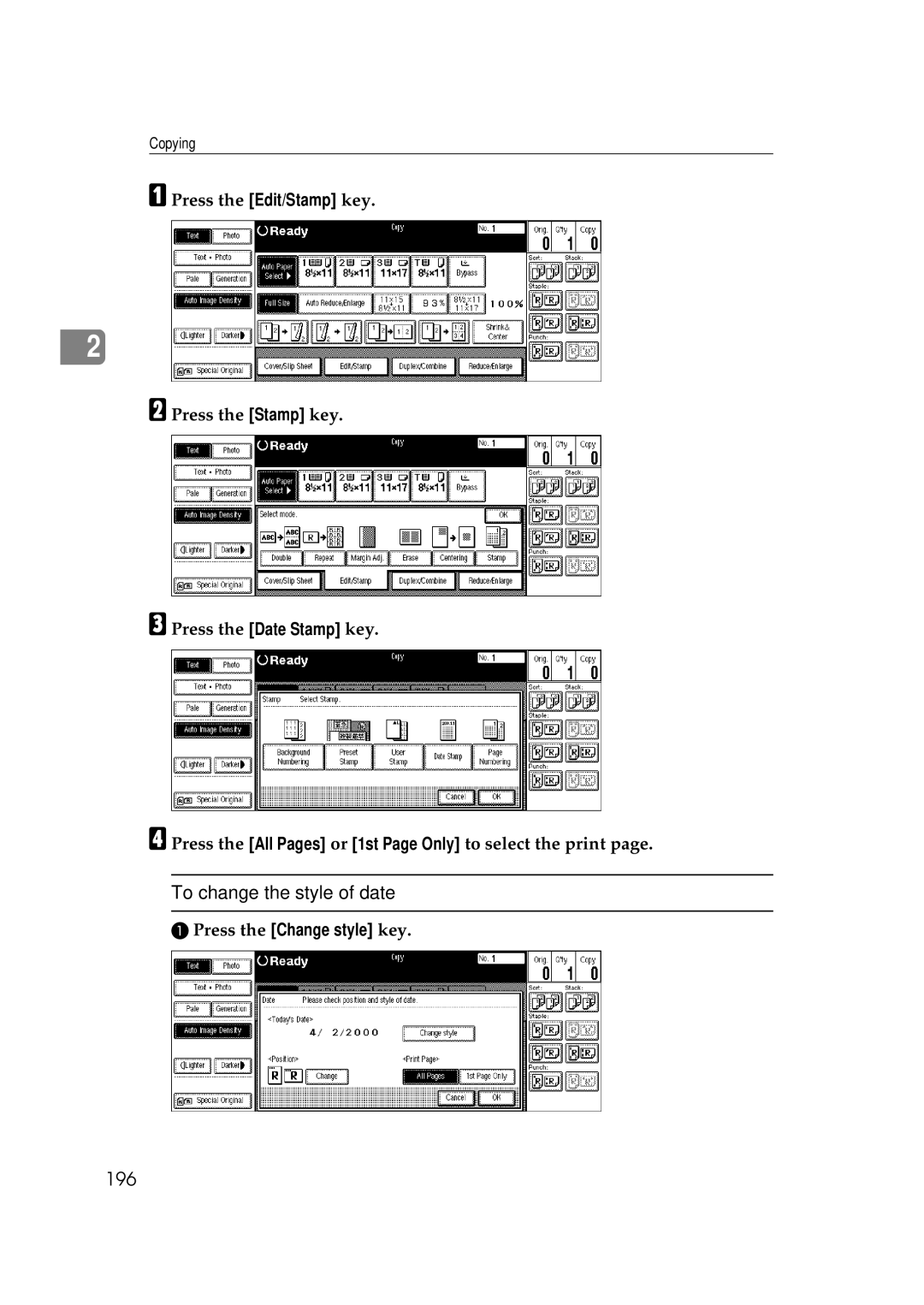 Savin 2555 manual To change the style of date, 196 