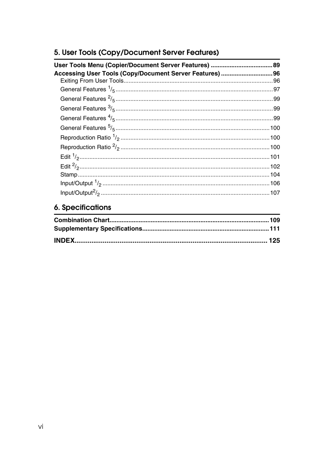 Savin 2575, 2565 specifications Combination Chart 109 Supplementary Specifications 111, 125 