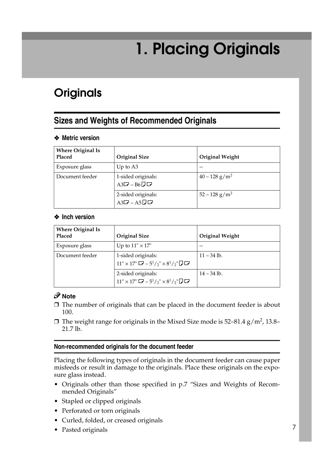 Savin 2565, 2575 specifications Sizes and Weights of Recommended Originals, Metric version, Inch version 