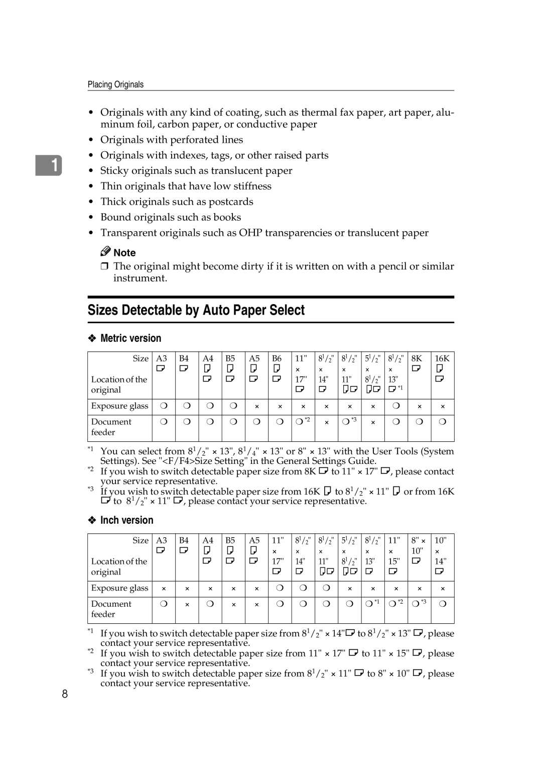 Savin 2575, 2565 specifications Sizes Detectable by Auto Paper Select 