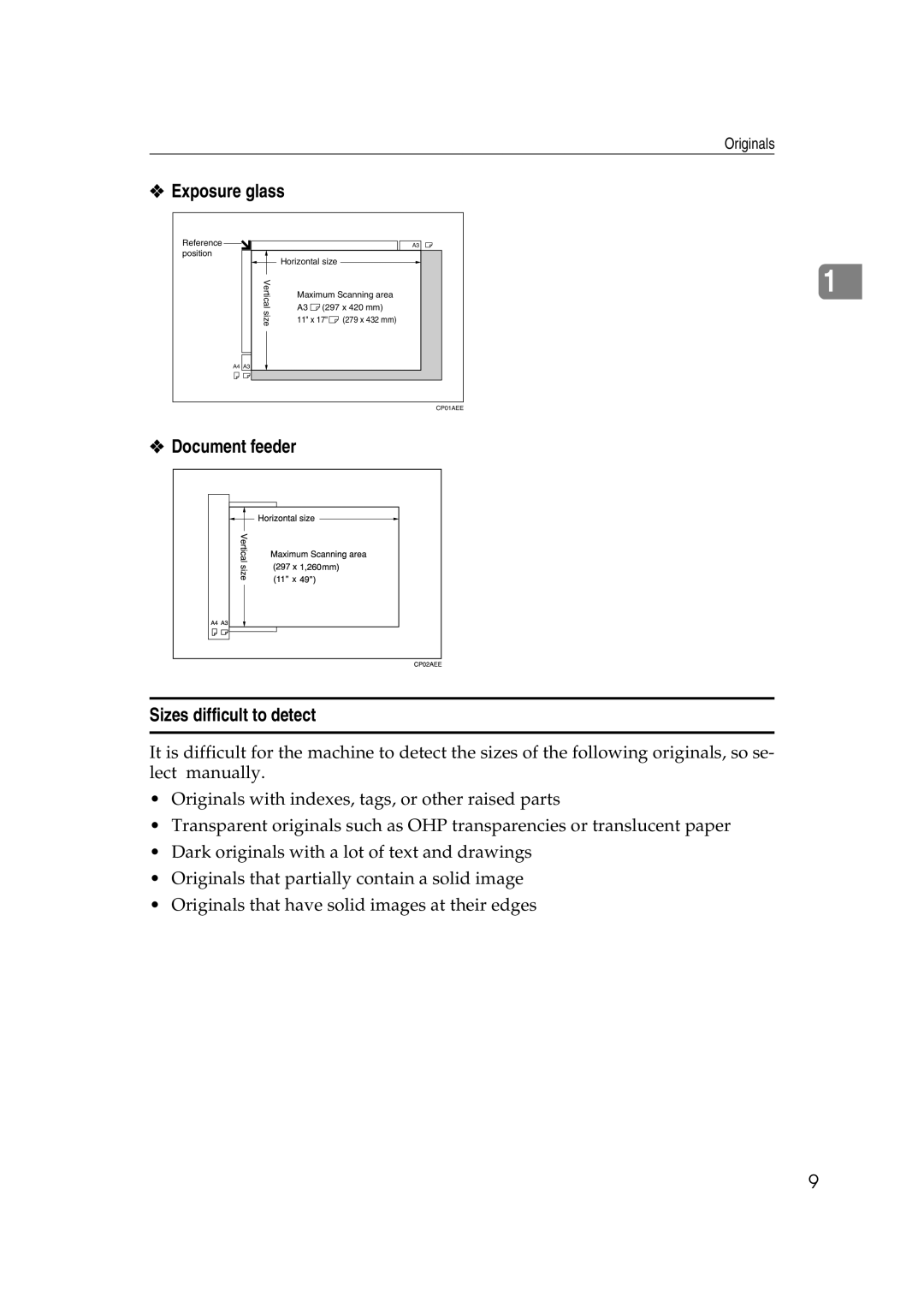 Savin 2565, 2575 specifications Exposure glass, Document feeder Sizes difficult to detect 