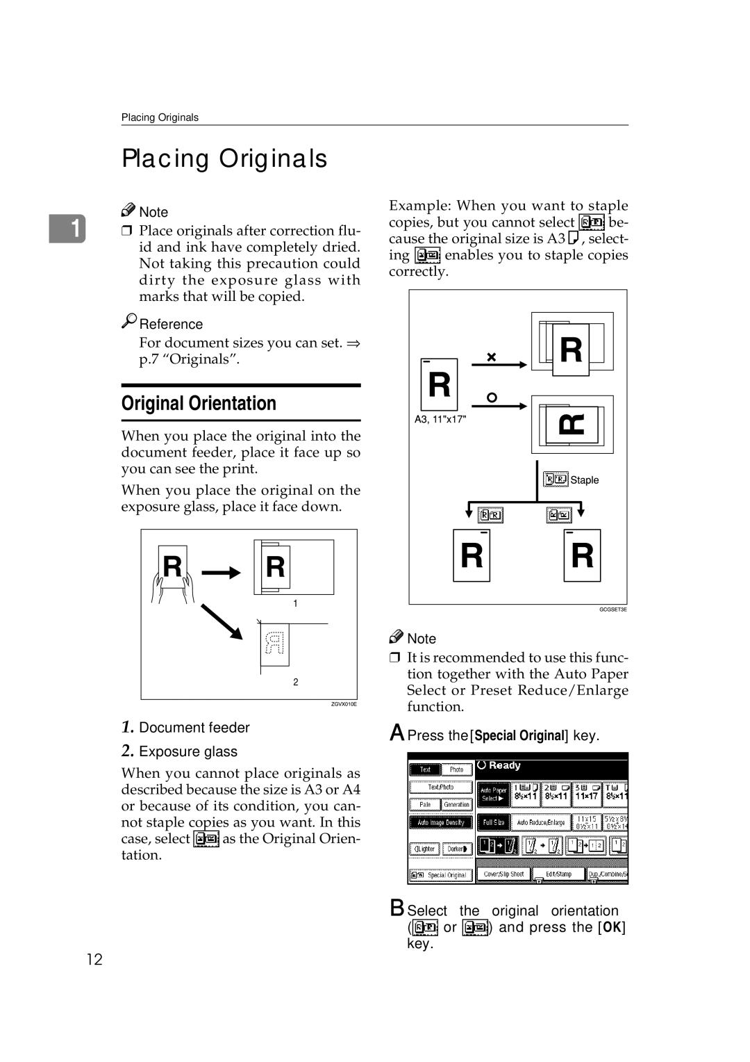 Savin 2575, 2565 Placing Originals, Original Orientation, Document feeder Exposure glass, Press the Special Original key 