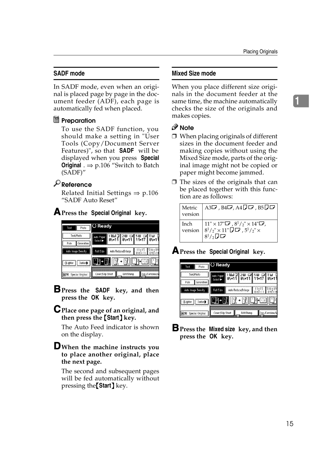 Savin 2565, 2575 specifications Sadf mode, Mixed Size mode, Press the Mixed size key, and then press the OK key 