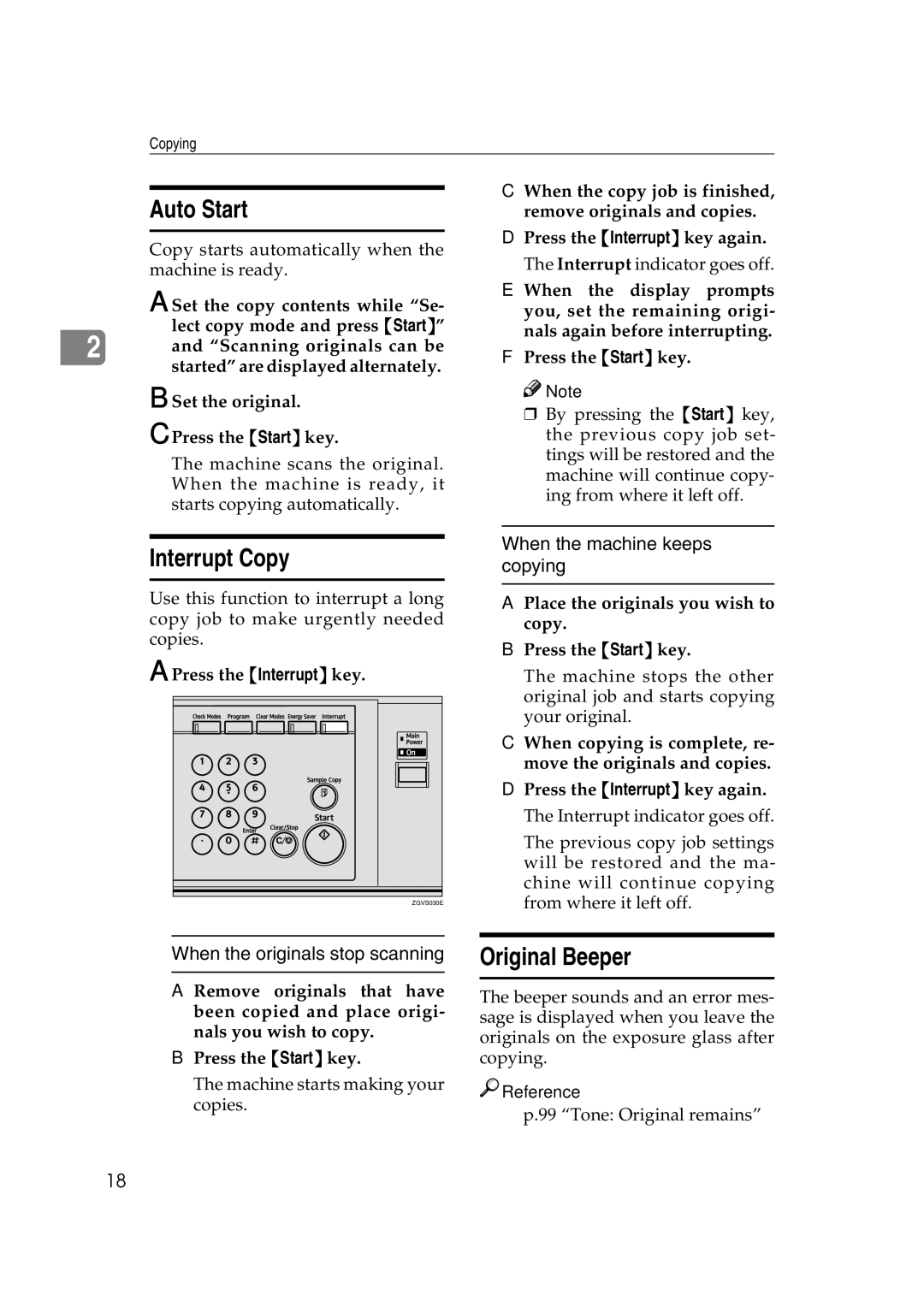 Savin 2575 Auto Start, Interrupt Copy, Original Beeper, When the machine keeps copying, When the originals stop scanning 