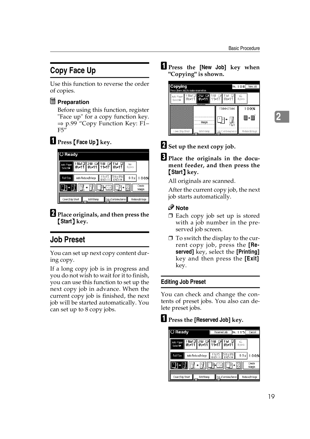 Savin 2565, 2575 specifications Copy Face Up, Editing Job Preset, Press Face Up key Place originals, and then press 