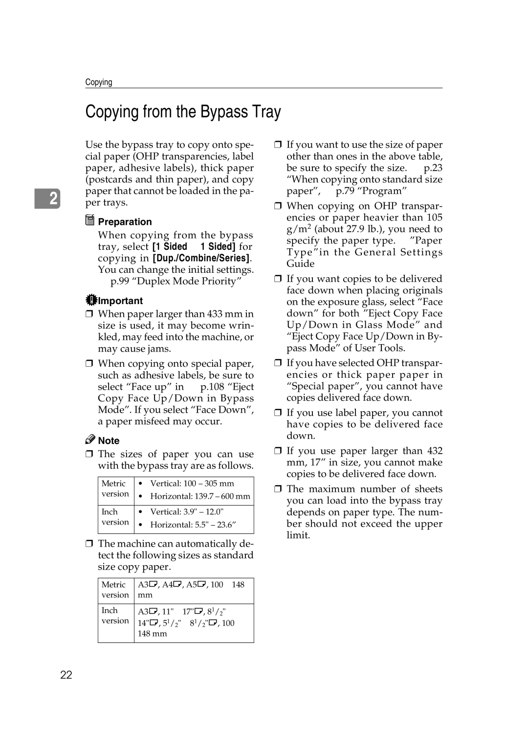 Savin 2575, 2565 specifications Copying from the Bypass Tray 