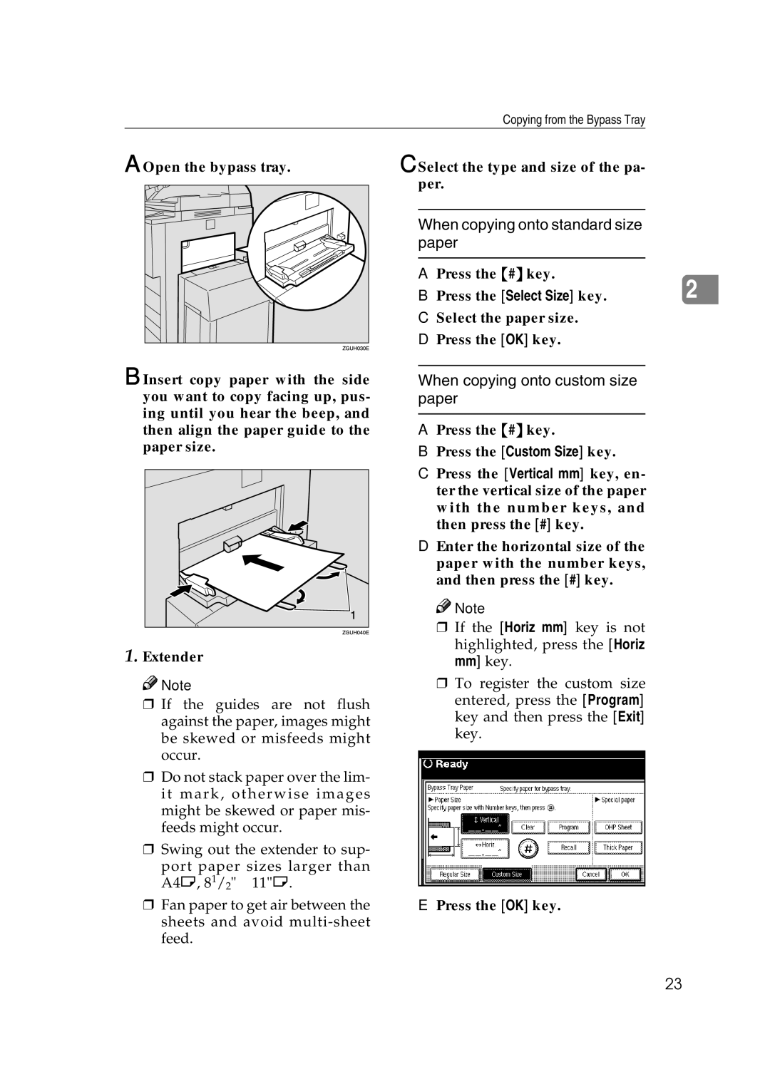 Savin 2565, 2575 specifications When copying onto standard size paper, When copying onto custom size paper 