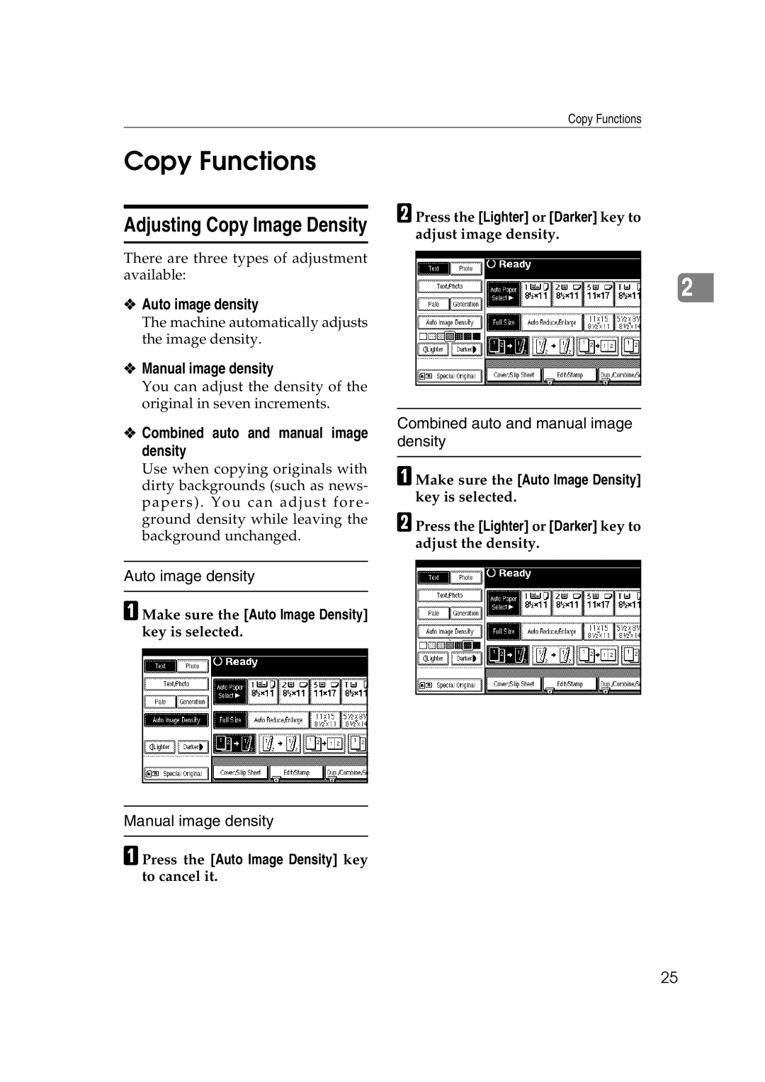 Savin 2565, 2575 Copy Functions, Auto image density, Manual image density, Combined auto and manual image density 