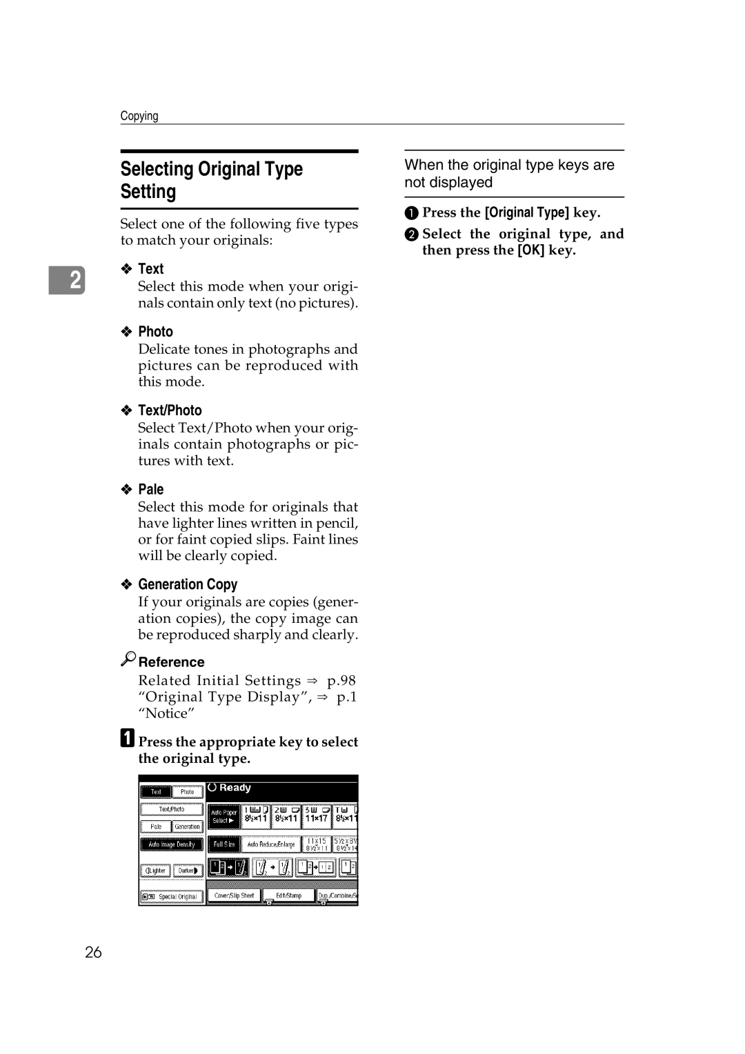 Savin 2575, 2565 specifications Selecting Original Type Setting 