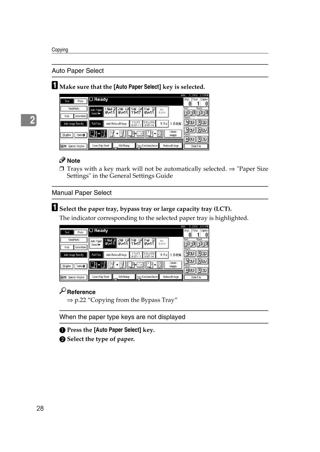 Savin 2575, 2565 specifications Auto Paper Select, Manual Paper Select, When the paper type keys are not displayed 