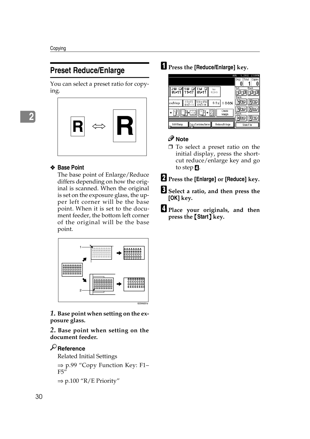 Savin 2575, 2565 specifications Preset Reduce/Enlarge, Base Point, Press the Enlarge or Reduce key 