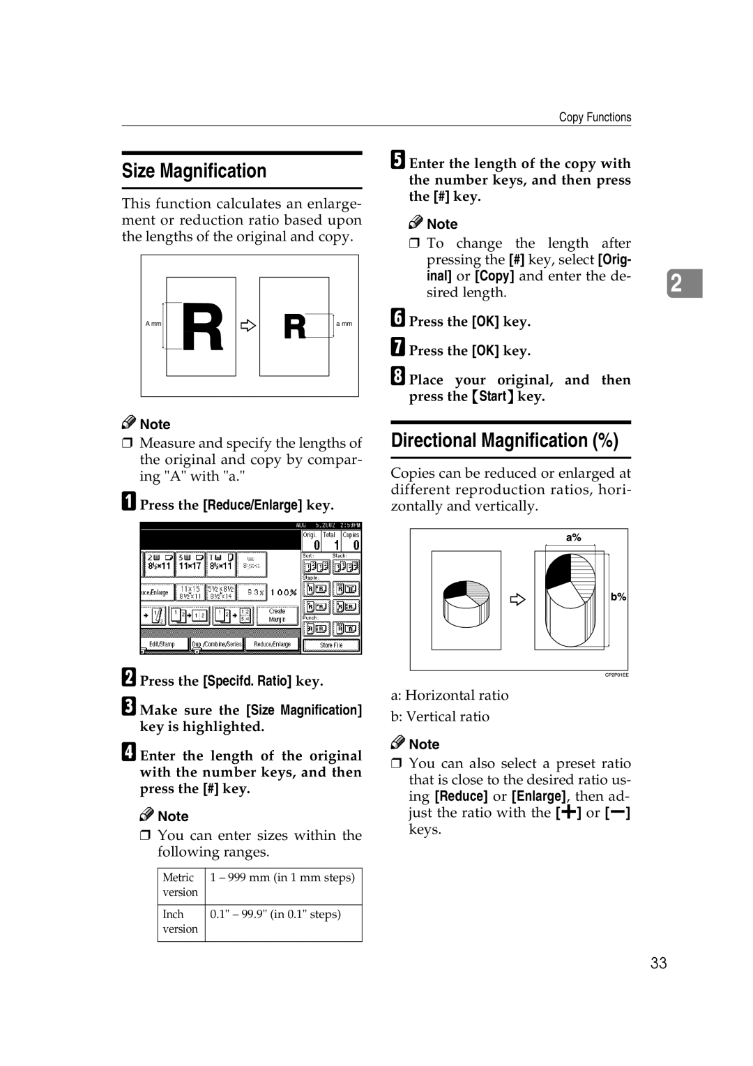 Savin 2565 Size Magnification, Directional Magnification %, Press the Reduce/Enlarge key Press the Specifd. Ratio key 