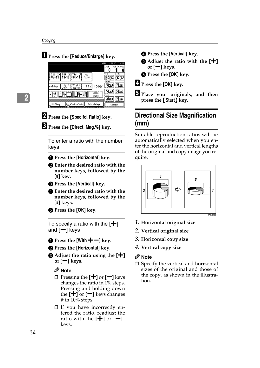 Savin 2575, 2565 specifications Directional Size Magnification mm, To specify a ratio with the n and o keys 