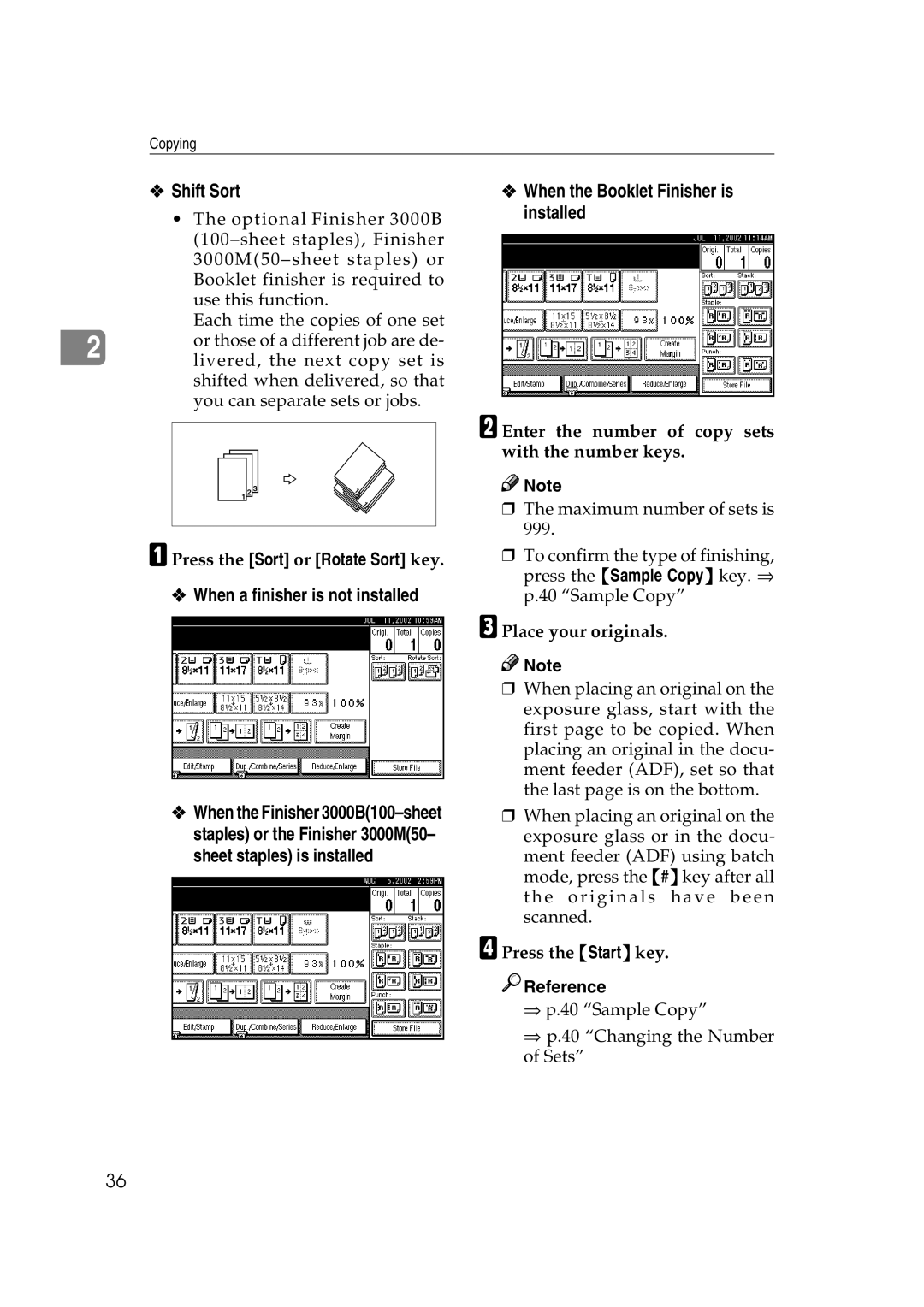 Savin 2575, 2565 specifications Shift Sort, When a finisher is not installed, When the Booklet Finisher is installed 