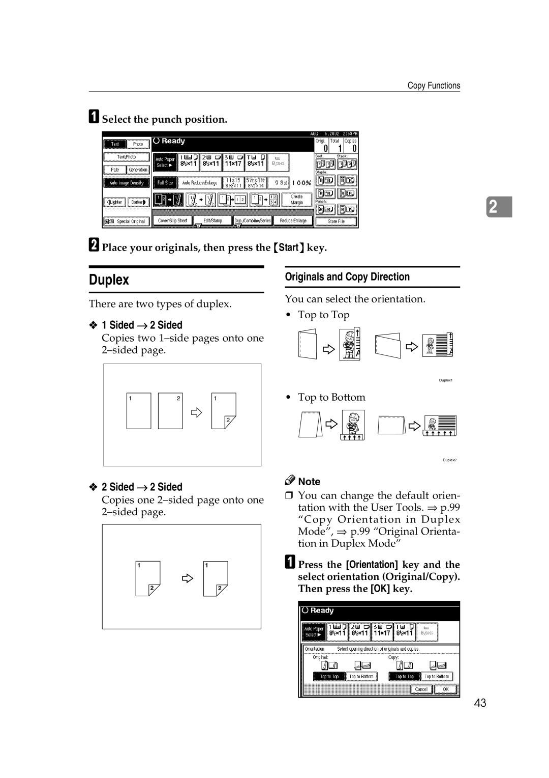 Savin 2565, 2575 specifications Duplex, Sided → 2 Sided, Originals and Copy Direction 