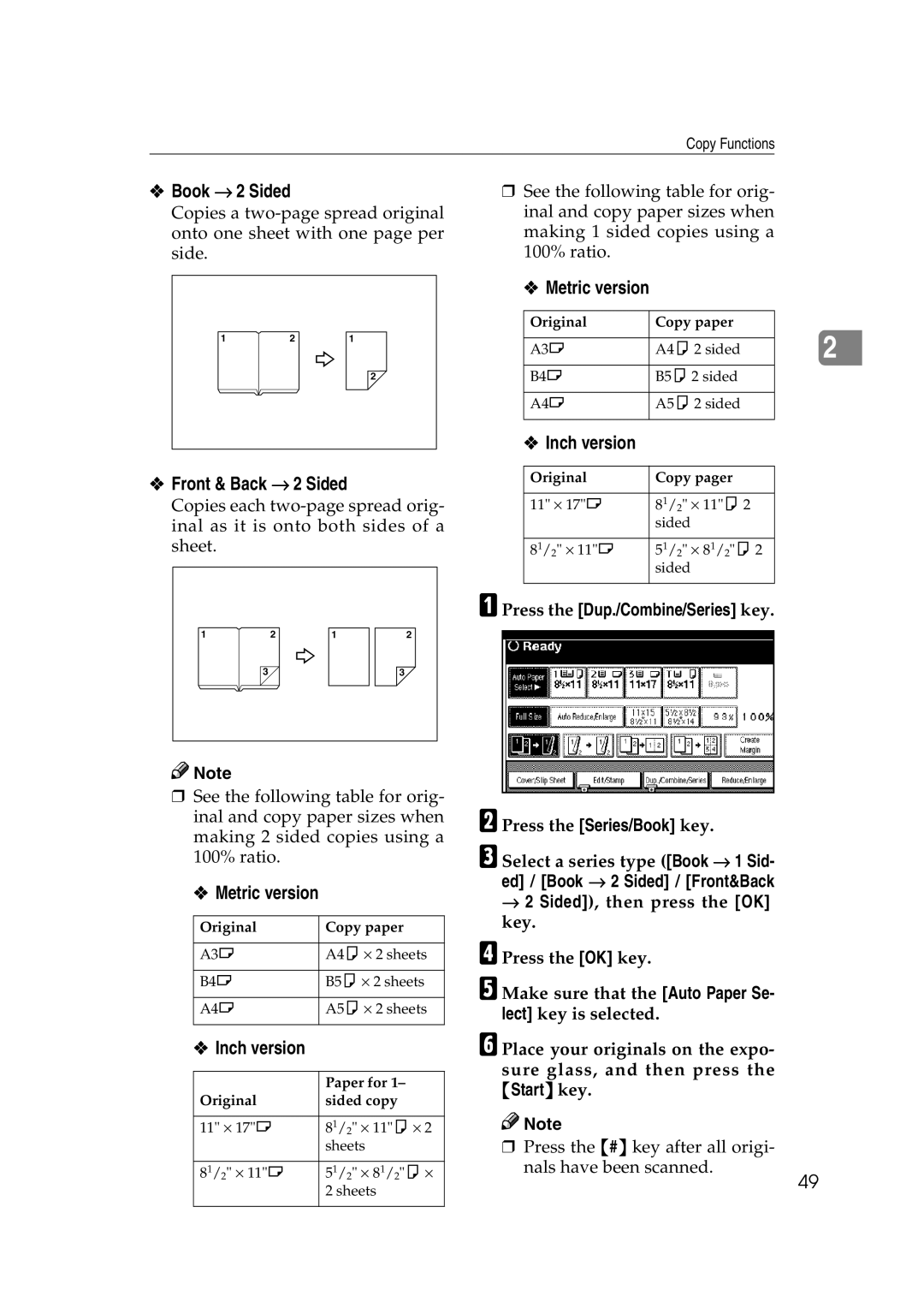 Savin 2565, 2575 specifications Book → 2 Sided, Front & Back → 2 Sided, Press the Series/Book key 