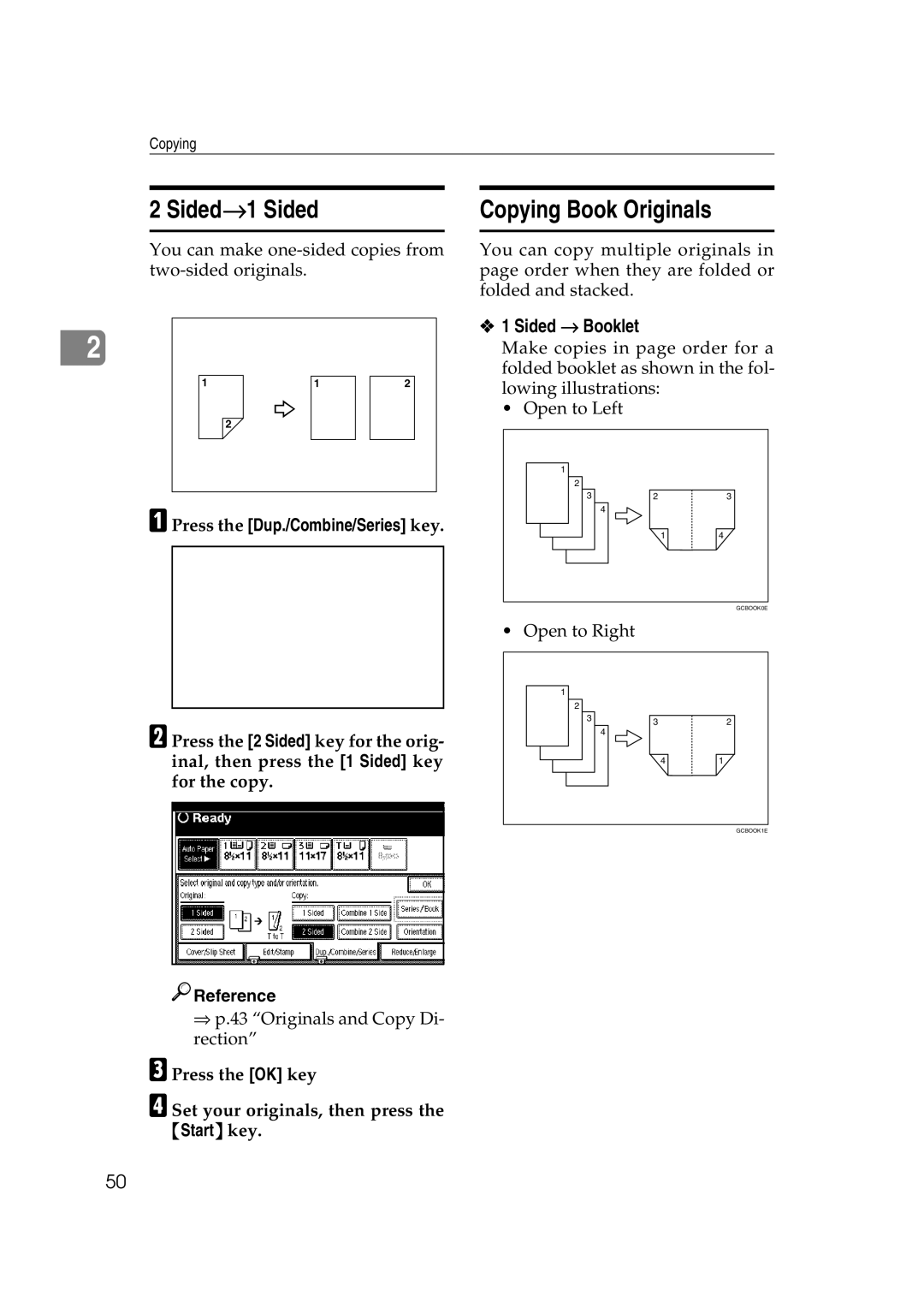 Savin 2575, 2565 specifications Sided→1 Sided, Copying Book Originals, Sided → Booklet 