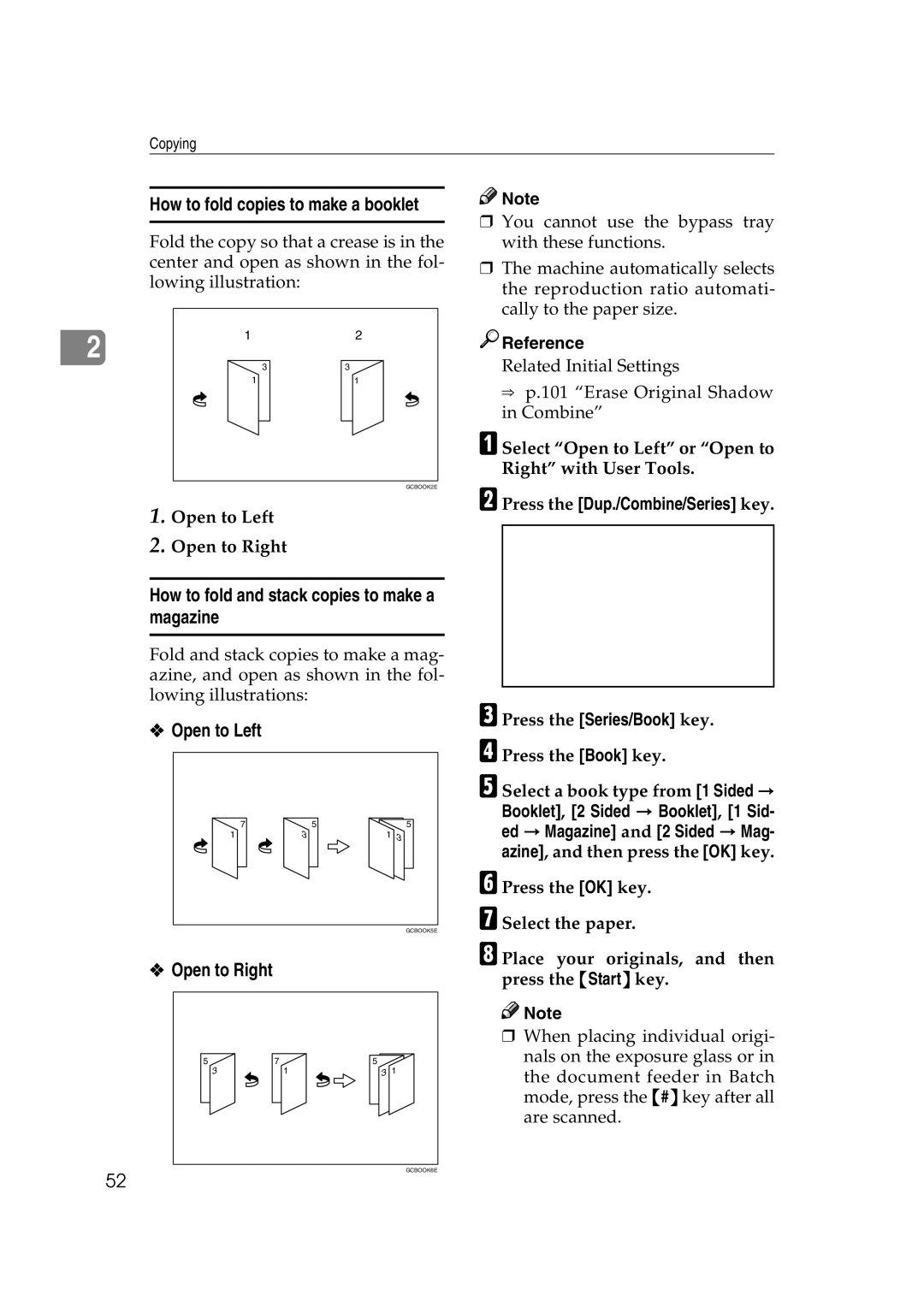 Savin 2575, 2565 How to fold copies to make a booklet, How to fold and stack copies to make a magazine, Open to Left 