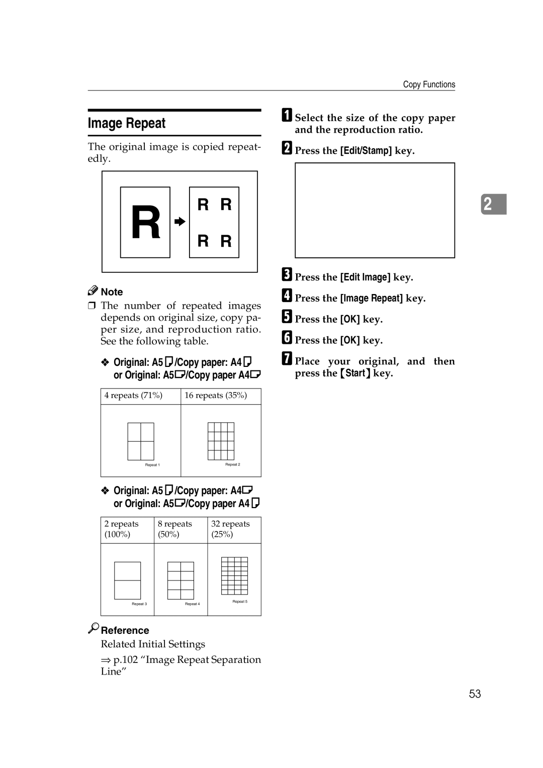 Savin 2565, 2575 Image Repeat, Original A5K/Copy paper A4K Or Original A5L/Copy paper A4L, Original A5K/Copy paper A4L 