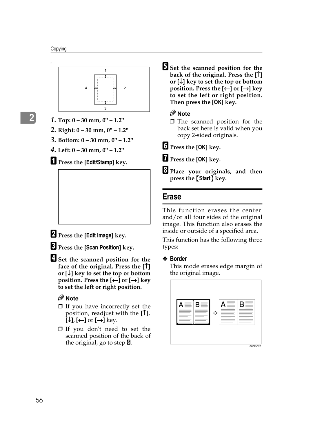 Savin 2575, 2565 specifications Erase, Border, Press the Scan Position key 