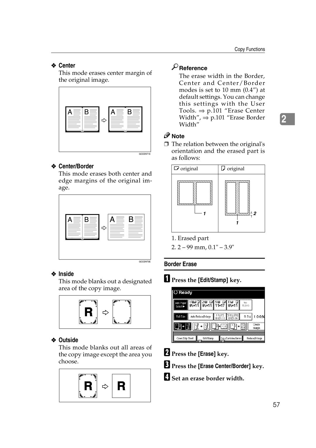 Savin 2565, 2575 specifications Center/Border, Outside, Border Erase 