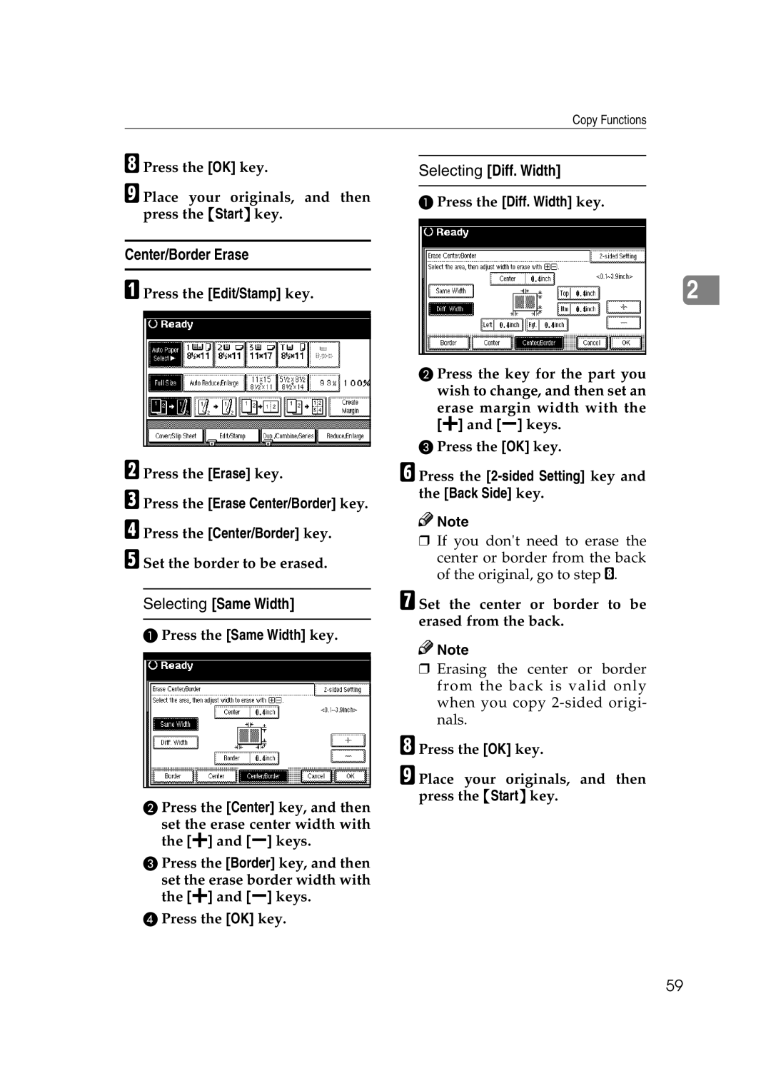 Savin 2565, 2575 Center/Border Erase, Press the Diff. Width key Press the Erase key, Set the border to be erased 