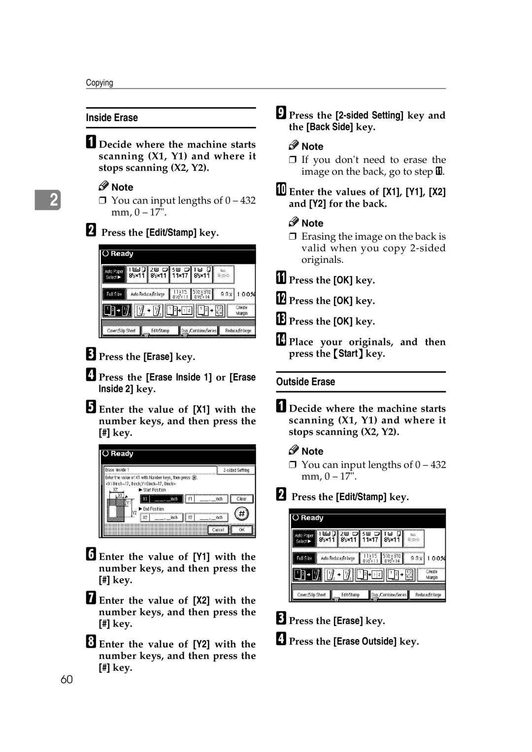 Savin 2575, 2565 Inside Erase, Outside Erase, Press the Erase Inside 1 or Erase Inside 2 key, Press the Erase Outside key 