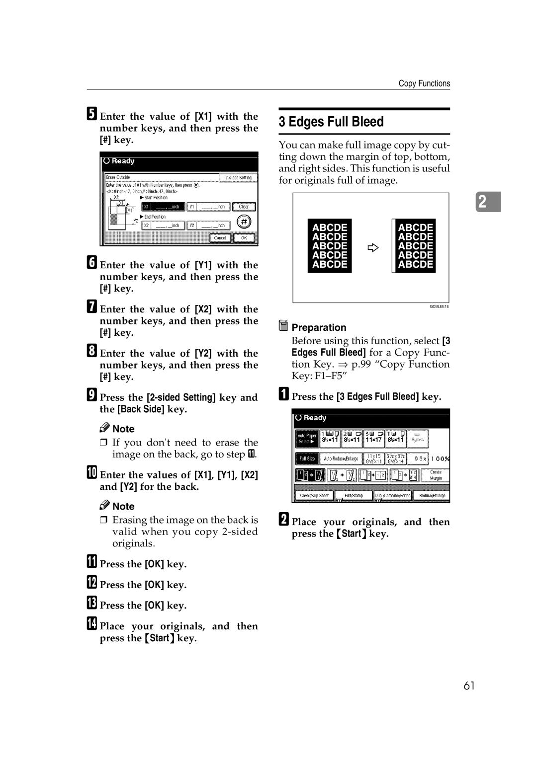 Savin 2565, 2575 specifications Press the 3 Edges Full Bleed key 