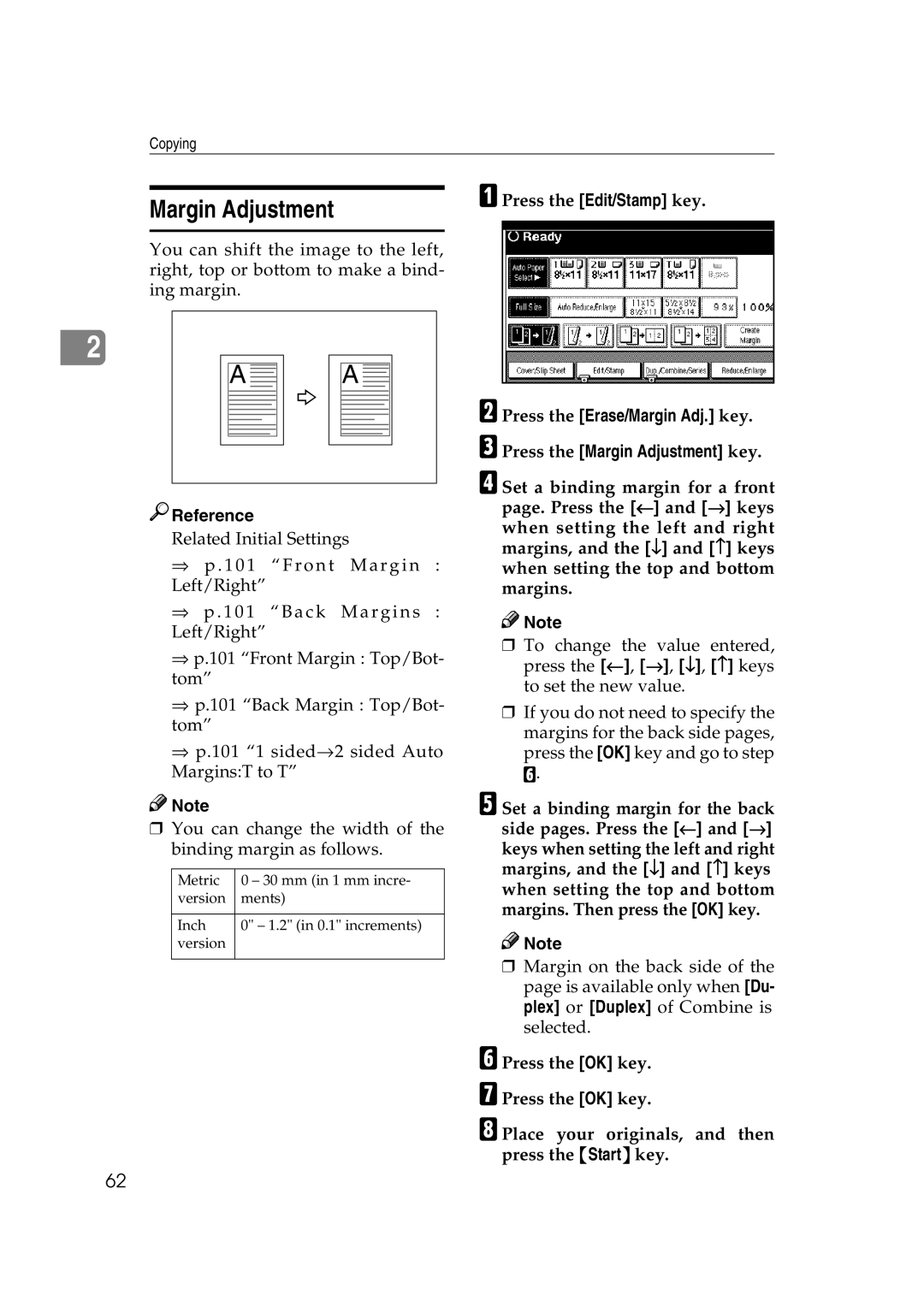 Savin 2575, 2565 specifications Margin Adjustment, Reference 