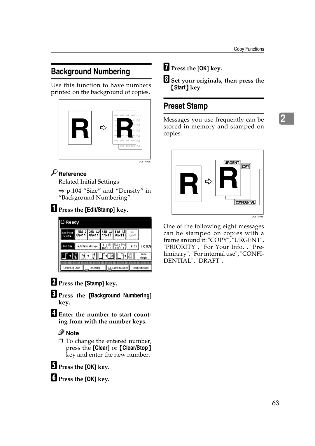 Savin 2565, 2575 specifications Background Numbering, Preset Stamp, Press the Edit/Stamp key Press the Stamp key 