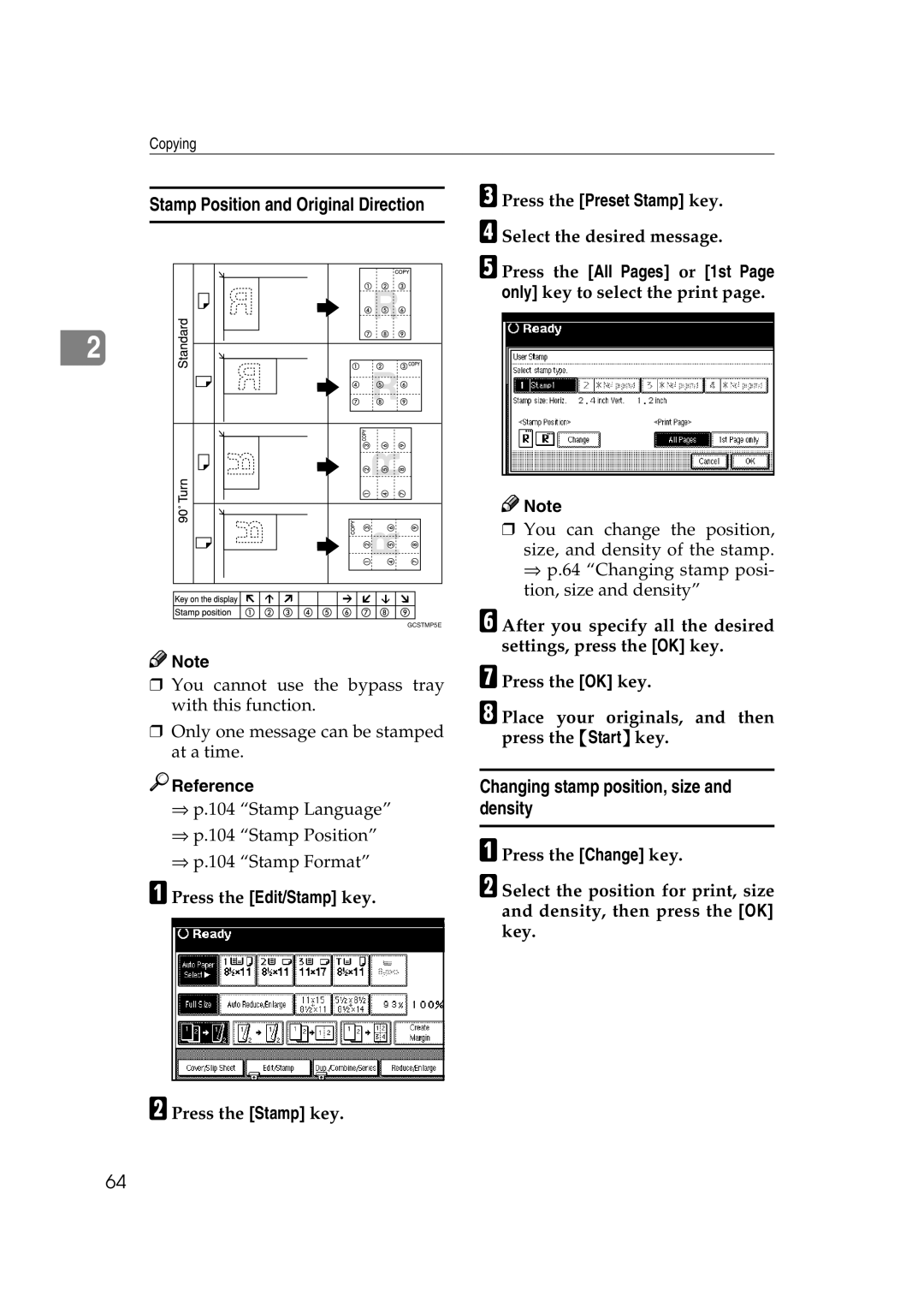 Savin 2575, 2565 specifications Changing stamp position, size and density, Stamp Position and Original Direction 