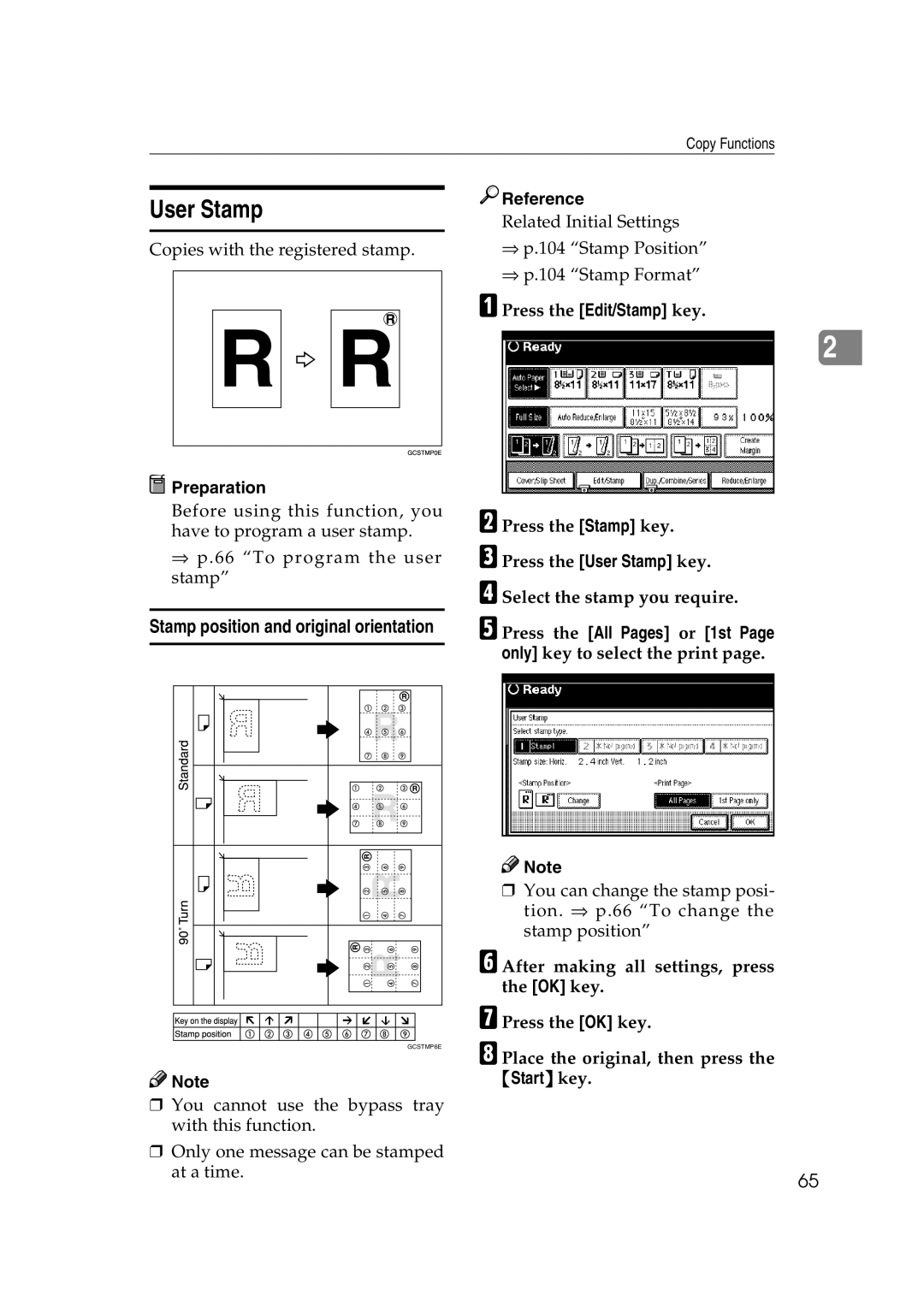 Savin 2565, 2575 specifications User Stamp, Stamp position and original orientation Reference 