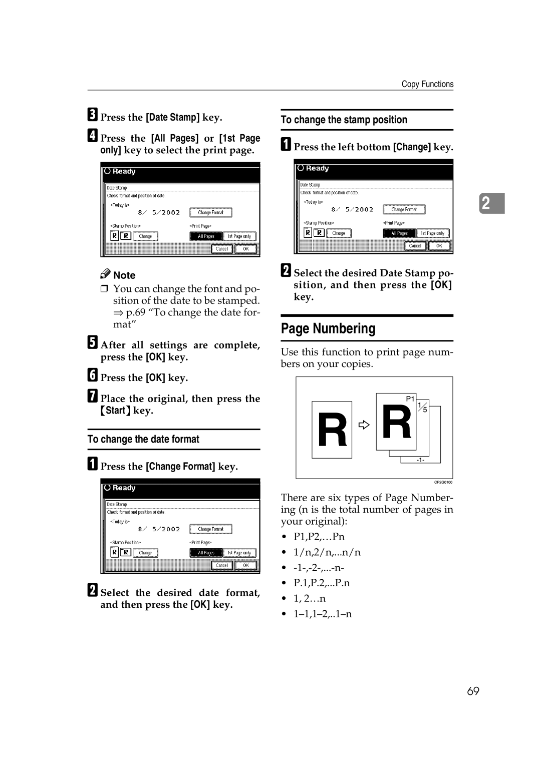 Savin 2565, 2575 Numbering, To change the date format, Press the All Pages or 1st, Press the Change Format key 